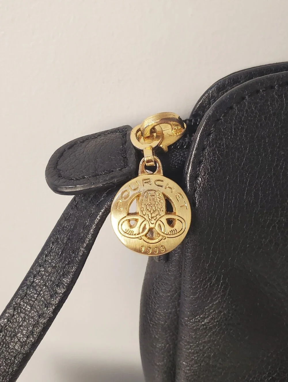 Vintage Pourchet Paris Black Leather Crossbody Bag Gold Crest Made In France